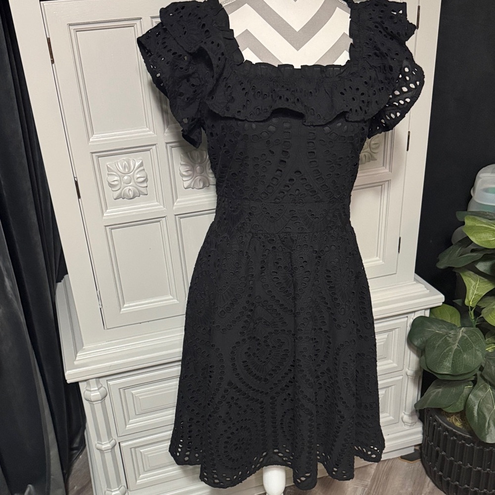 Ryegrass Black Eyelet Fit & Flair Dress w/ Ruffle Sleeves Size Small